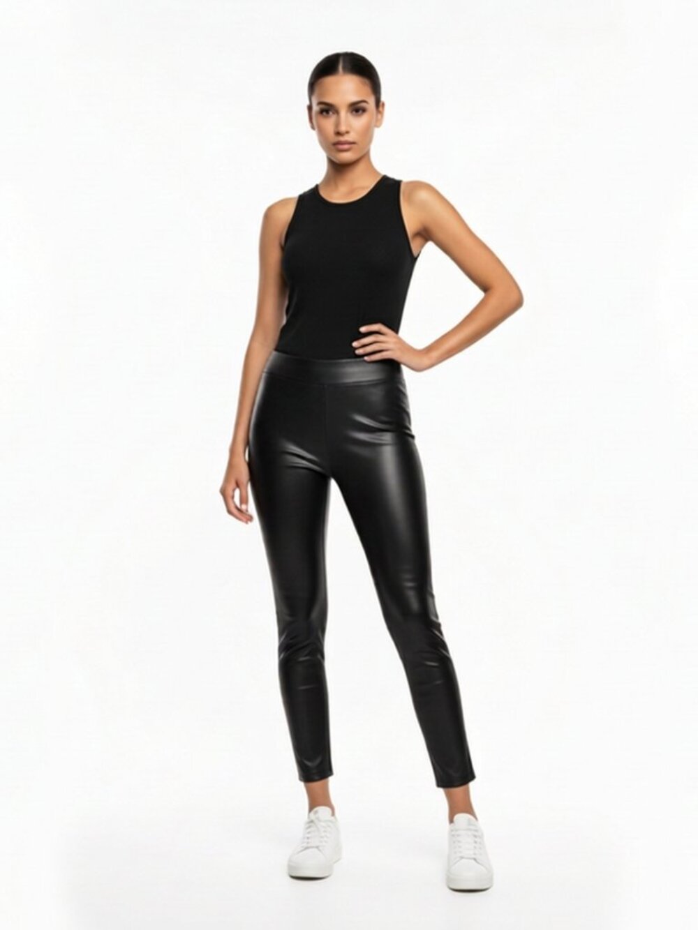 NWT Nordstrom Black Faux Leather High Rise Pull On Leggings Size Large